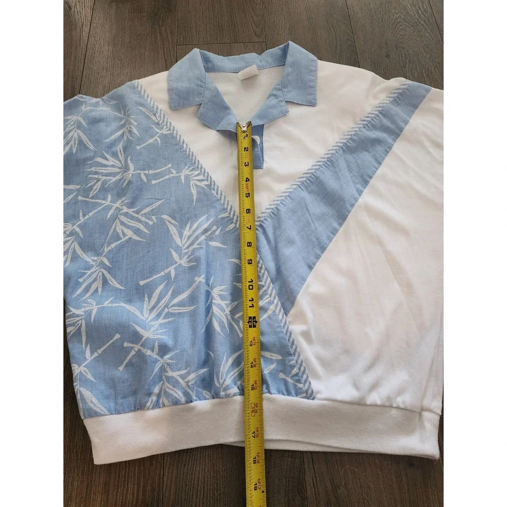 Vintage 80s GW/Graff Bamboo Print  Pullover Top Blue White Ladies M Made in USA